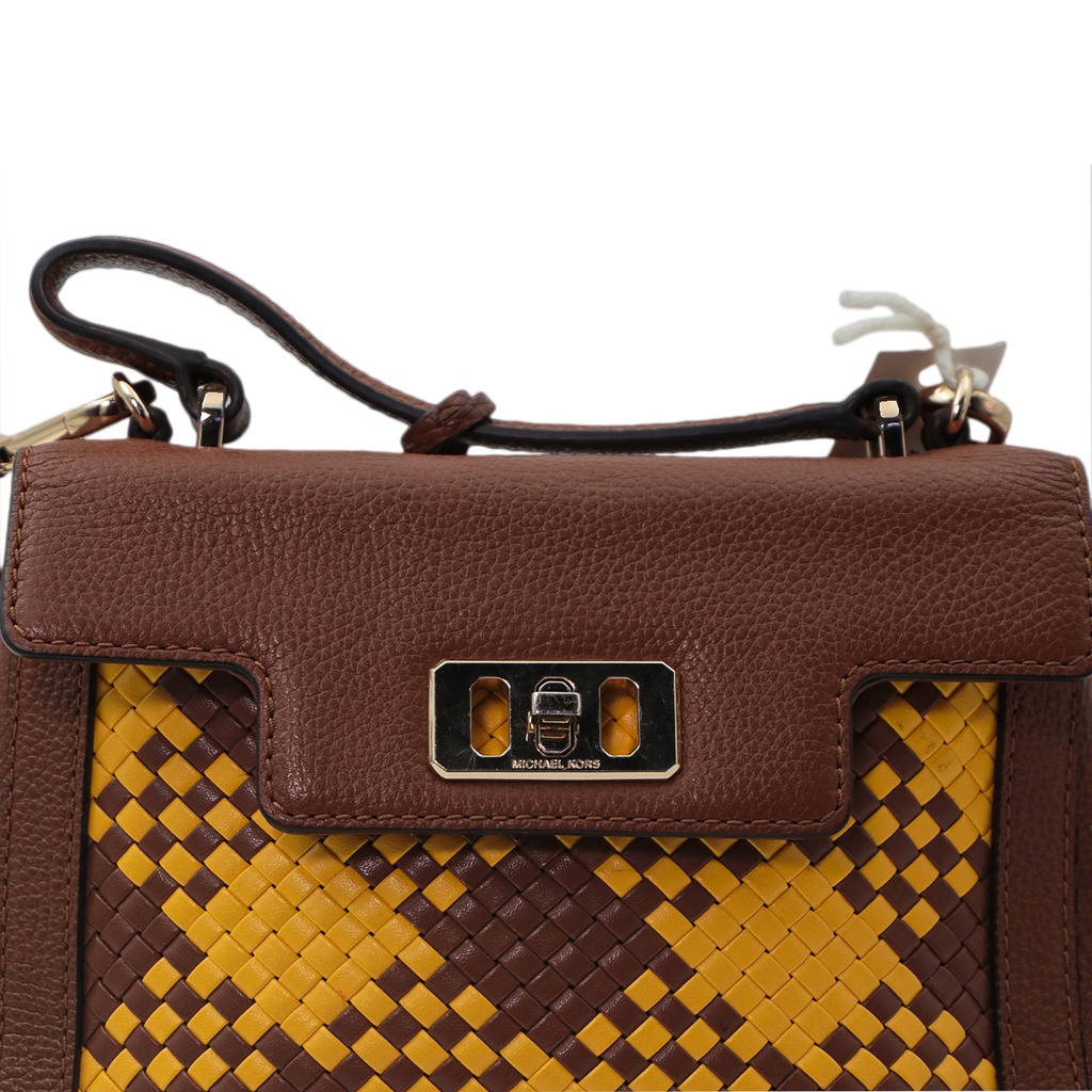 Michael Kors Karson Mini Bag Satchel woven Leather Brown Yellow Top Hand B3M Oksouq